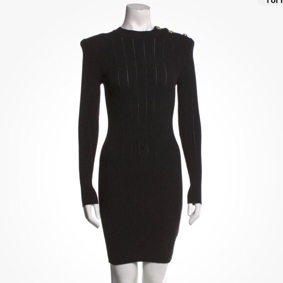 New Balmain Navy Blue Knit Long Sleeve Mini Dress Gold Buttons 36 Stretchy - Picture 4 of 4